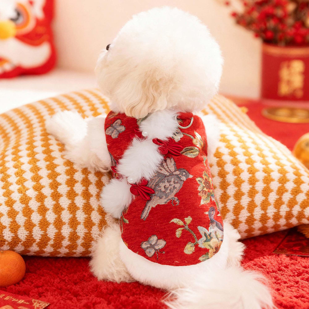 MuYaoPet Dog Chinese New Year Clothes Cat Tang Costume Outfit,Tassels Dog Cheongsam Tang Suit,Winter Fleece Pet Jacket Clothes (Red, M)