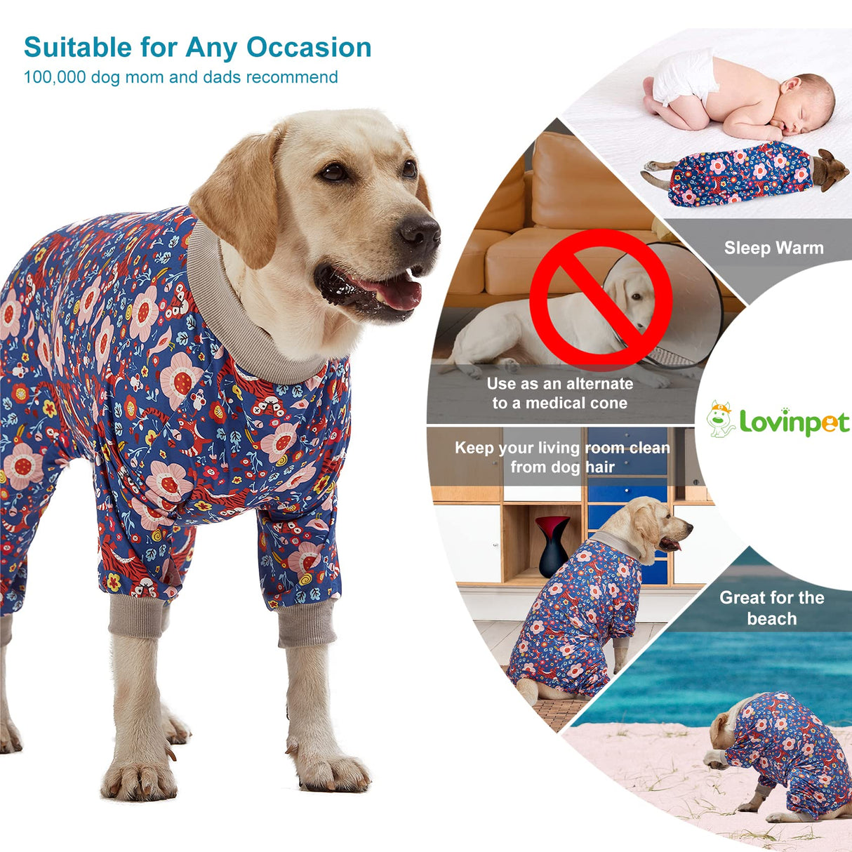LovinPet Pit Bull Pajamas Large Dogs PJS - Tiger Garden Blue and Pink Print/Lightweight Stretchy Knit Big Dog Pullover Jammies, Large Breed Dog Pajamas, Pet PJ's/XXL
