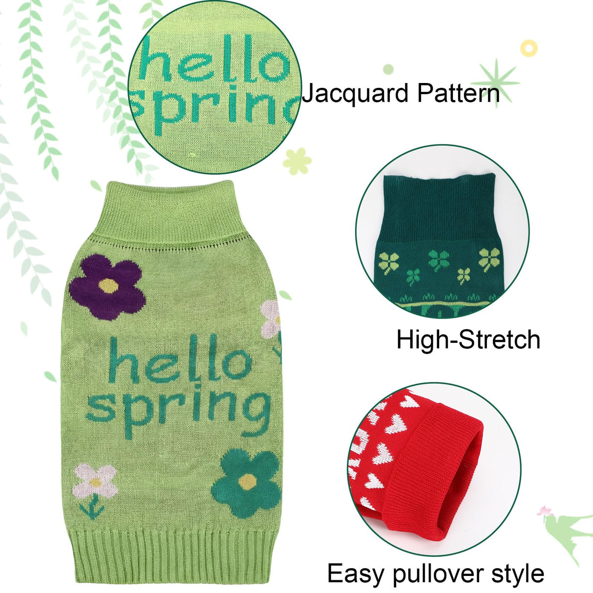 Sunnymove 4 Pack St. Patrick's Dog Sweater Dog Shamrock Outfit Small Cat Knit Sweaters, Seasonal Pet Clothes for St. Patrick's Day, Easter, Spring(Medium)