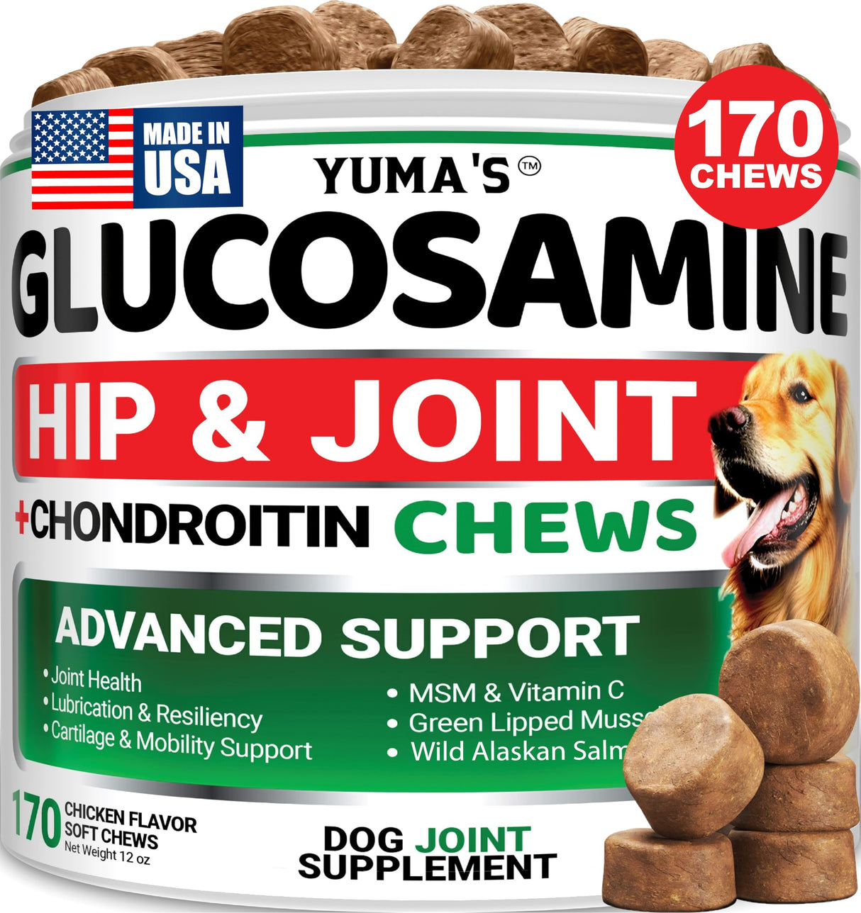 YUMA'S Glucosamine for Dogs - Hip and Joint Supplement for Dogs - 170 Ct - Glucosamine Chondroitin Chews - Joint Pain Relief Supplement with MSM - Advanced Health - Mobility Support - Made in USA