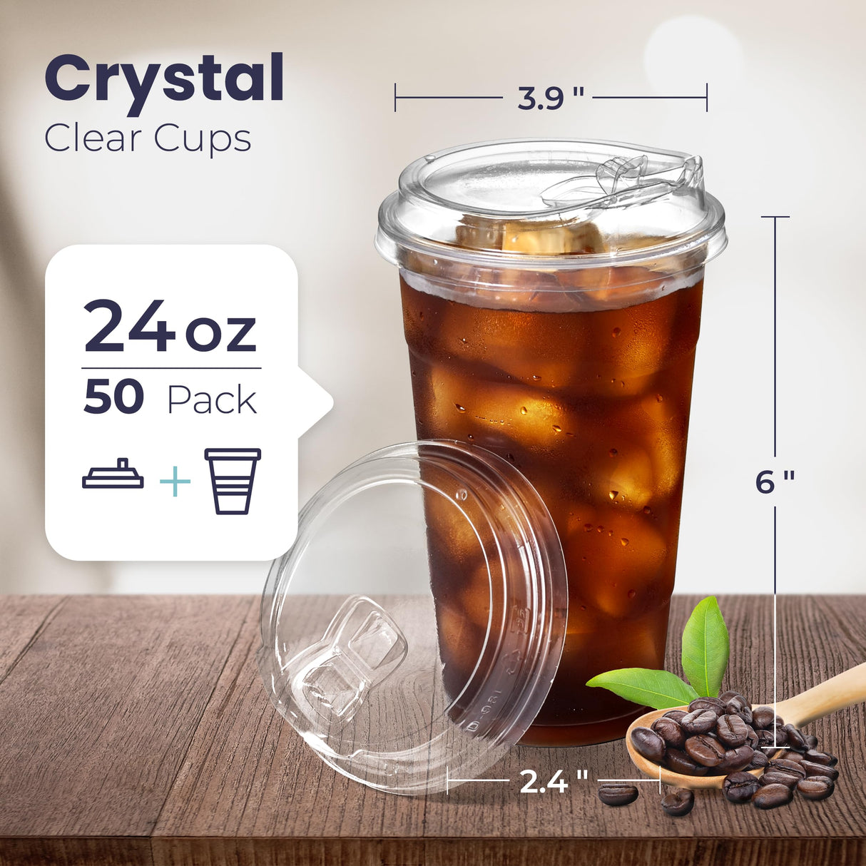 Fit Meal Prep 50 Pack 24 oz Clear Plastic Cups with Strawless Sip Lids, Disposable Plastic Coffee Cups with Lids, To Go Cups for Iced Coffee, Smoothies, Soda, Party Drinks, Bubble Tea, Cold Beverage