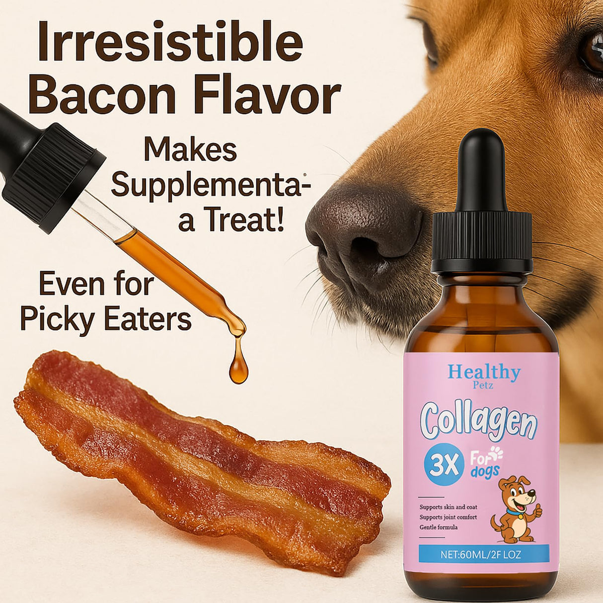 Healthy Petz Premium Liquid Collagen for Dogs - Skin & Coat Supplement with Hyaluronic Acid & Biotin, Supports Joint Health, Mobility & Hydration for All Dogs, Bacon Flavor - 2 fl oz (1)