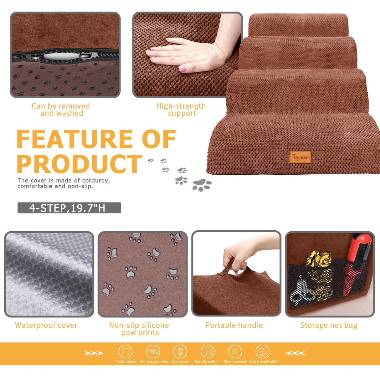Topmart Wider High Density Foam Dog Steps 4 Tiers,Extra Wide Deep Pet Steps,Non-Slip Pet Stairs with Waterproof Cover,Soft Foam Dog Ladder,Best for Older, Injured, Pets,Cats