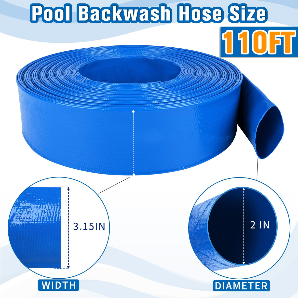 2 IN x 110FT Pool Backwash Hose Heavy Duty Drain Discharge Double PVC Layflat Hose with 2 Clamps, Weatherproof Burst Resistant for Water Transfer, Sump Pump, Pool Filter, Pool Drain (33.6M, Blue)
