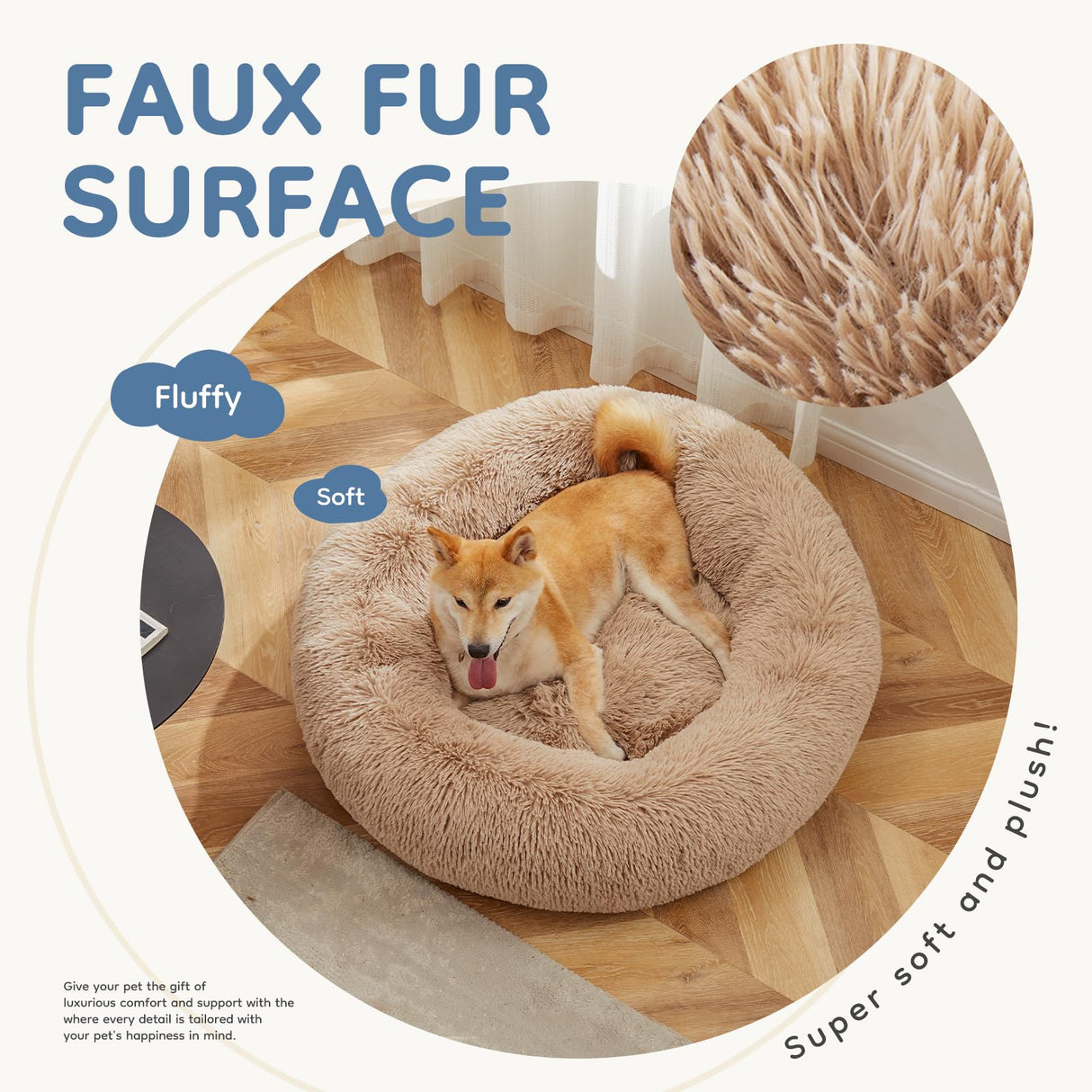 DUMOS 37.4x37.4 Inch Calming Donut Dog Beds for Large Dogs, Machine Washable Cuddler Warming Cozy Fluffy Faux Fur Plush Round Pet Bed Medium Sized Bed for Indoor Dogs and Cats, Brown