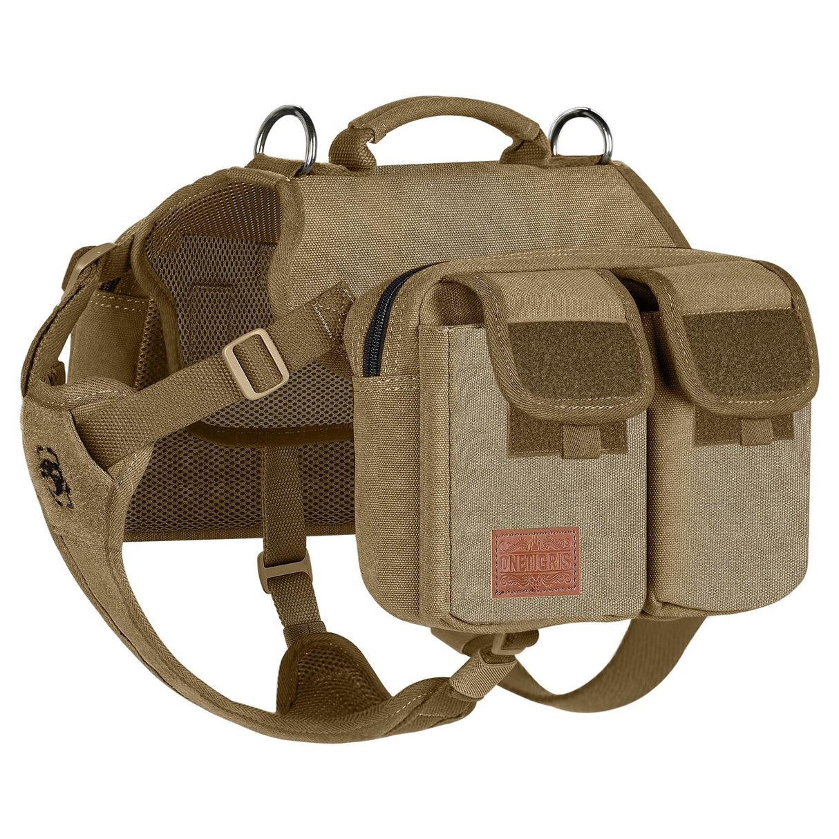 ONETIGRIS Dog Hiking Backpack, Dog Pack for Medium Large Dogs, HOPPY CAMPER 3.0 Dogs Saddle Bag Harness Outdoor Hiking (M, Brown)