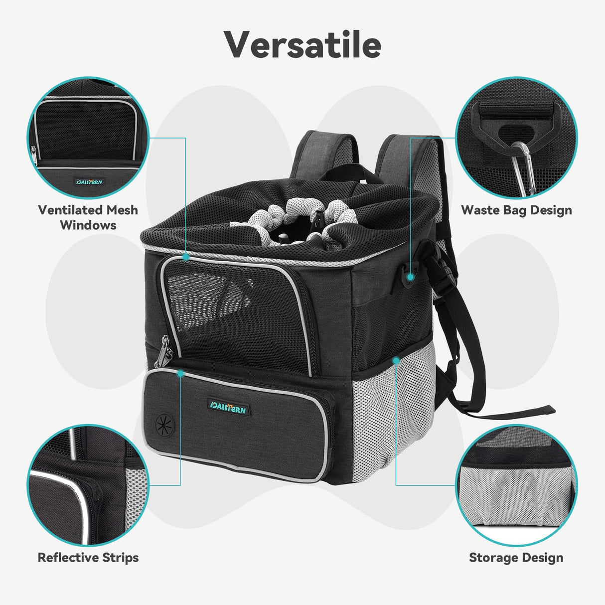 DAISTERN Dog Bike Basket for Small Dogs up to 10lbs, Foldable Pet Carrier with Safety Leash, Mesh Windows, Storage Pockets, Handlebar Quick Release, Backpack & Car Seat Function Grey