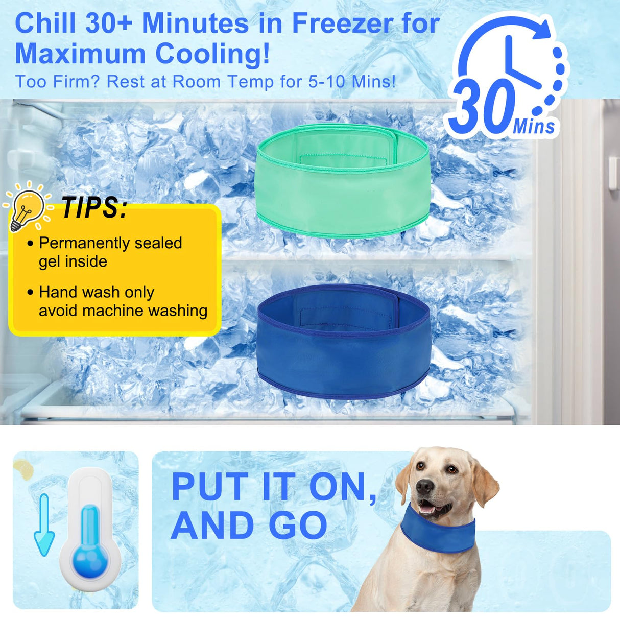 BEAUTYZOO Dog Cooling Bandana, 2-Pack Instant Chill Ice Neck Cooler Wrap for Outdoor Summer, Adjustable Reusable Pet Scarf Lasts 2 Hours, Heat Relief Prevent Sunstroke for Small Dogs 9"-14" Blue