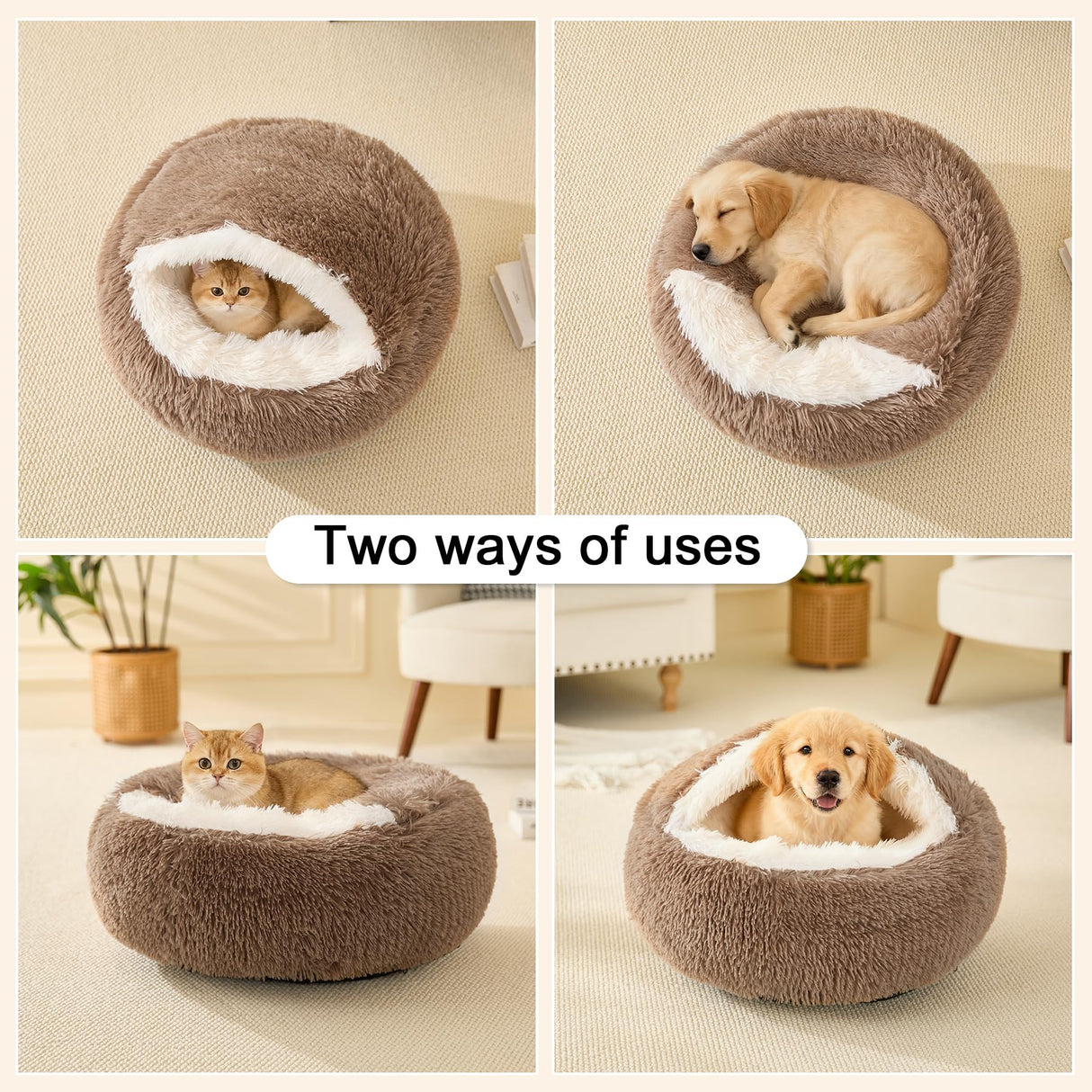 Calming Dog Beds & Cat Cave Bed with Hooded Cover,Removable Washable Round Beds for Small Medium Pets,Anti-Slip Faux Fur Fluffy Coved Bed for Improved Sleep,Fits up to 15/25 lbs(Khaki,M)