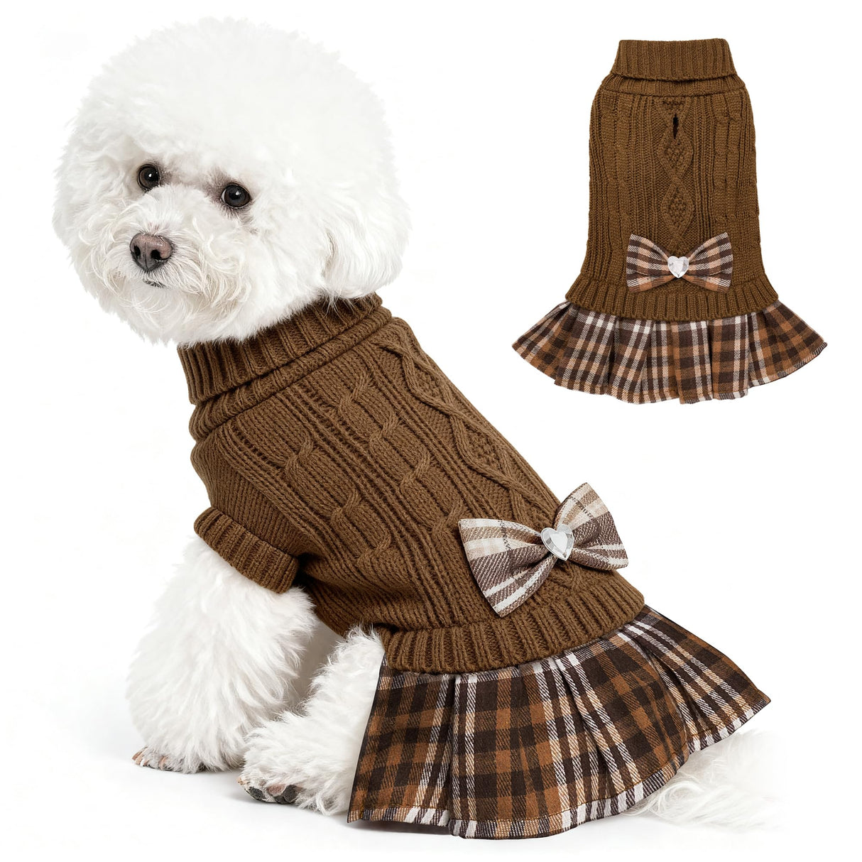 WOYYHO Girl Dog Sweater Dress with Bowtie Turtleneck Small Dogs Sweater with Leash Hole, Knitted Small Dog Sweaters Dress Puppy Winter Clothes for Yorkies Chihuahua (S, Brown)
