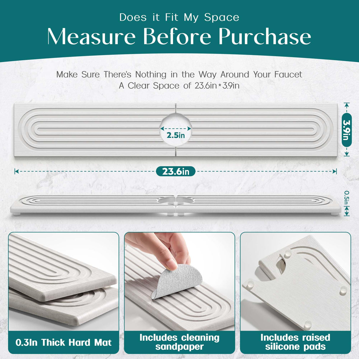 Faucet Mat for Kitchen Sink โ Diatomite Stone Drying Mat & Sink Protectors, Prevent Moisture โ Sink Splash Guard Water-Absorbing Stone Tray for Bathroom Counter (Light Grey, 23.6" x 3.9")
