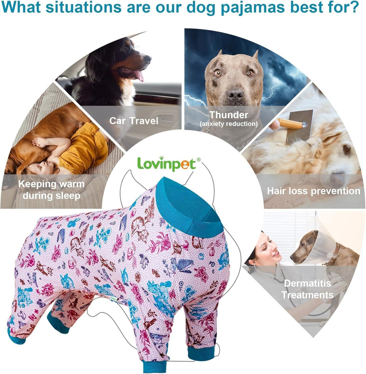LovinPet Dog Pajamas Bodysuit for Giant Dogs, Pet Anxiety CalmingShirt, Lightweight Post Surgery Dog Pajamas, Garden Print, Pitbull Clothes, 4 Legged Style Pullover Dog Onesie, Medium