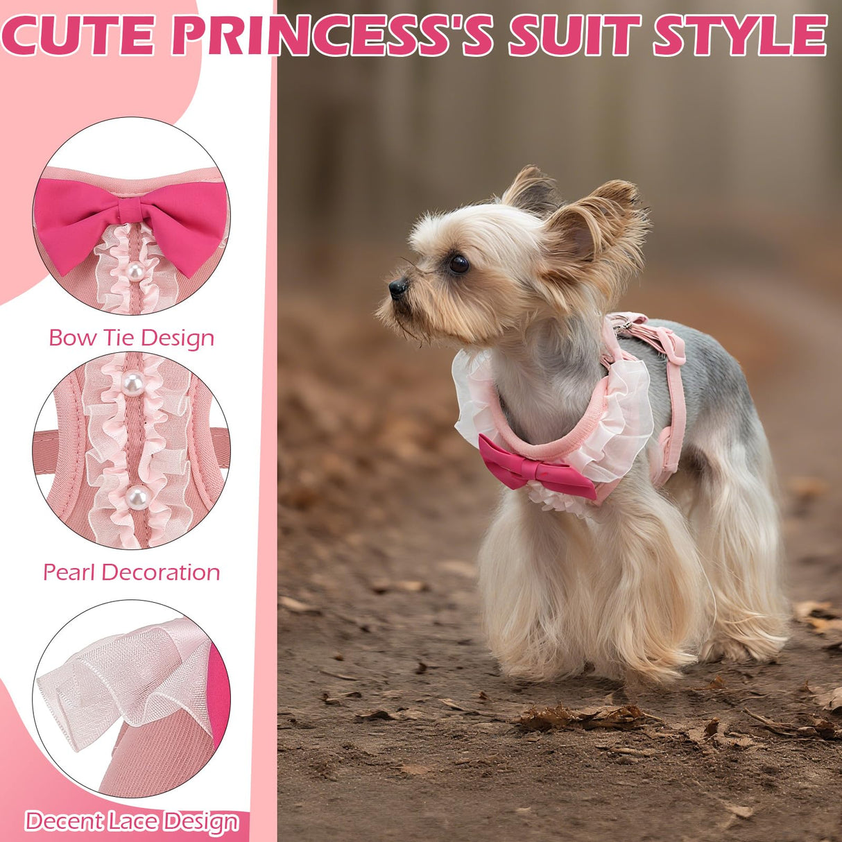 EXPAWLORER Cute Dog Harness, Pink Girl Adjustable No Pull Vest Harness and Leash Set, Soft Padded Step in Wedding Attire Suit Dress Costume with Bow Tie for Puppy Small Medium Female Dogs, X-Small