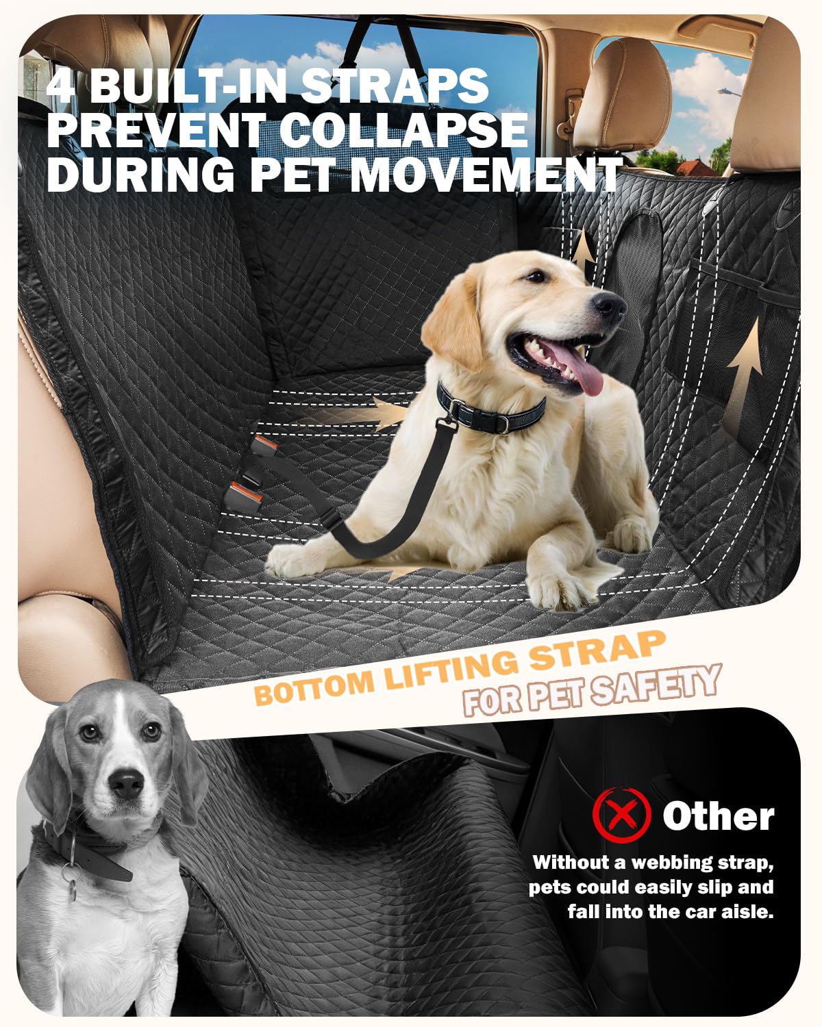 Dog Seat Cover For Back Seat- Heavy Duty Soft Bottom Car Hammock for Dog, With a Heightened Design Both Side,Fits Cars,Suv, and Mid-Size Trucks, Waterproof and Machine Washable,Black&Large Size.