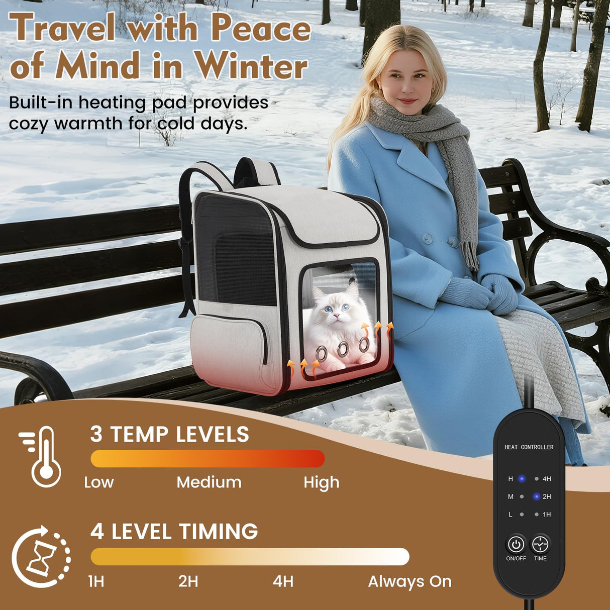TTPet Pet Backpack Carrier with Built-in Cooling Fan & Heating Pad, Expandable Cat Carrier Backpack for Cats and Small Dogs, Ventilated Travel Backpack Carrier for Hiking/Outdoor/Vet Visits, Grey