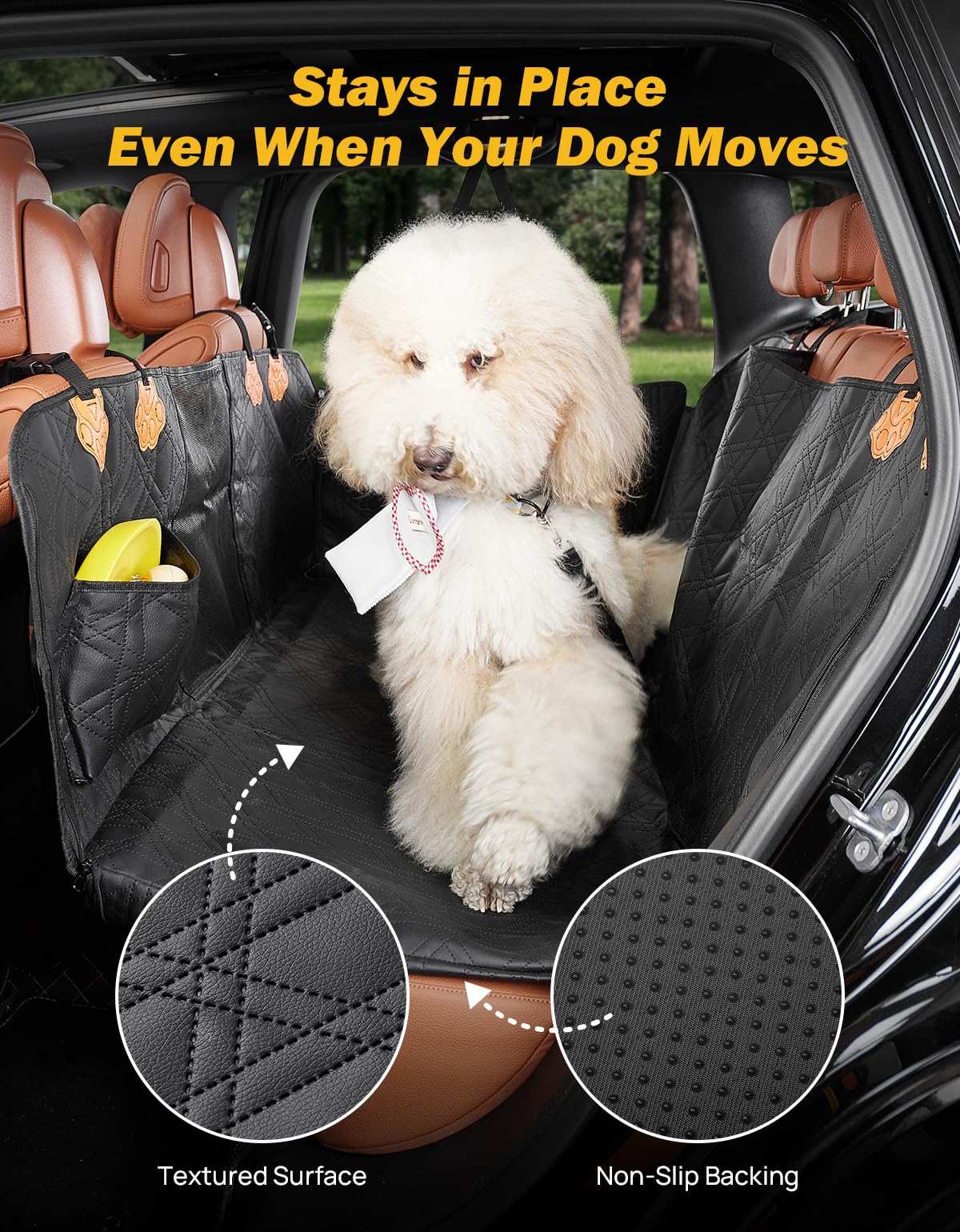 JOYTUTUS Back Seat Extender for Dogs, PU Leather Dog Car Seat Cover for Back Seat with Hard Bottom, Dog Hammock with Mesh Window, Dog Car Seat Cover for Sedans SUVs Small Trucks, Holds 440 lbs