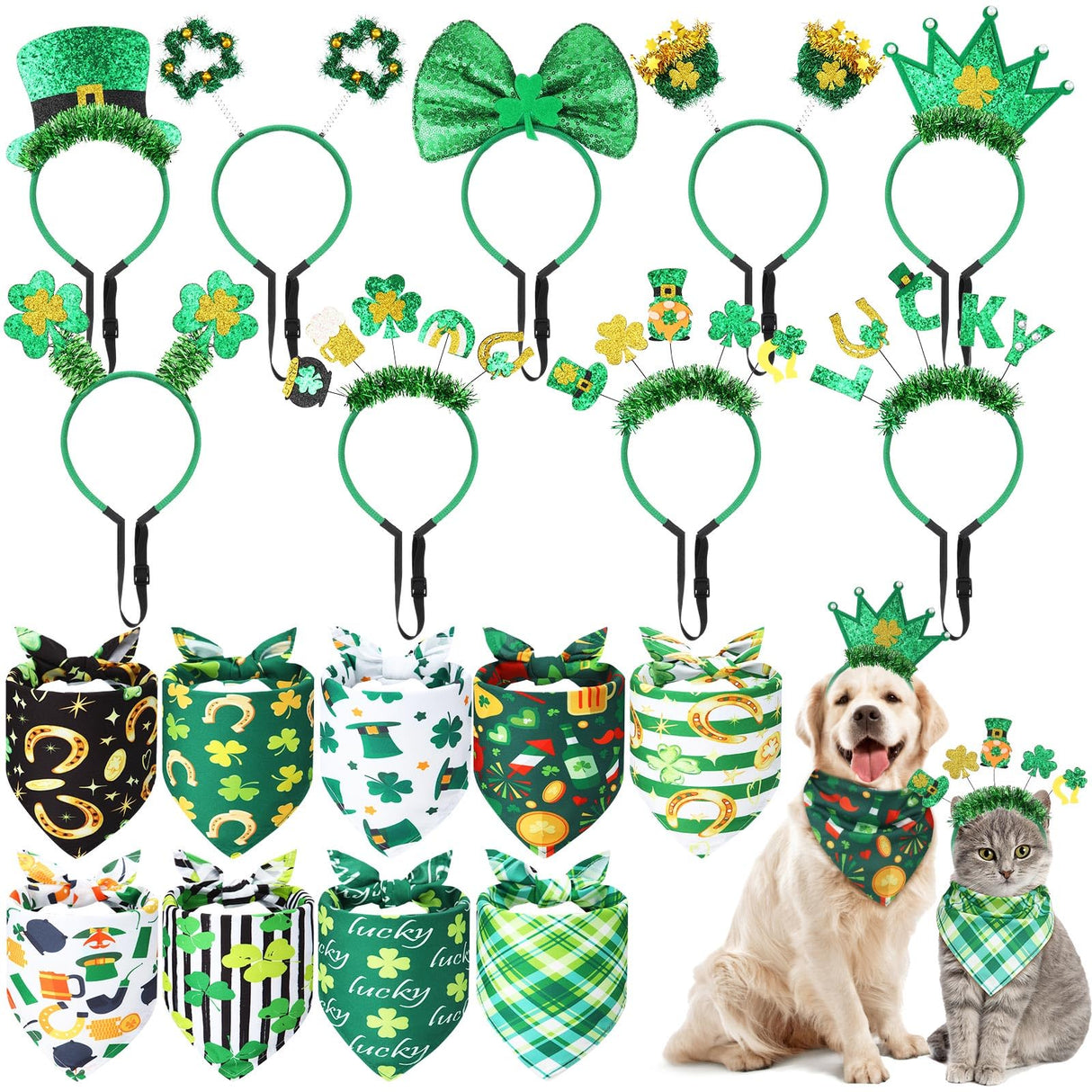 Wavwavw 18 Pcs St Patricks Day Dog Headband Green Shamrock Dog Bandanas Costume Buffalo Plaid Triangle Pet Scarf Adjustable Head Bopper Holiday Pet Costume Accessories for Dogs Puppy Cats Outfit Decor