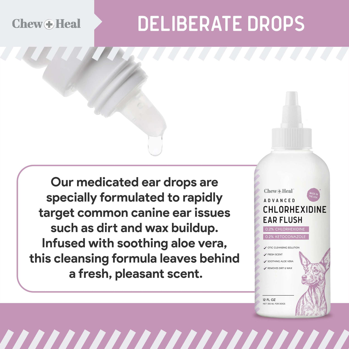 Chew + Heal Labs Dog Ear Cleaner - Medicated Dog Ear Buildup Drops for Dirt and Wax - 12 oz Advanced Flush with Chlorohexidine and Ketoconazole - Made in The USA