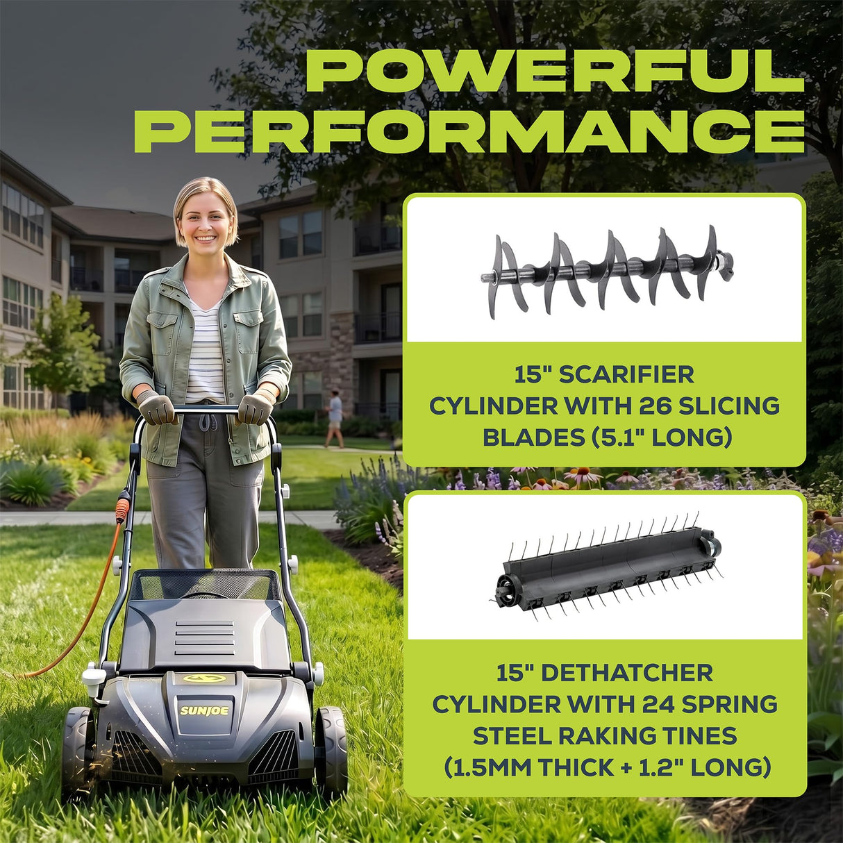 Sun Joe 15-Inch Electric Powered Lawn Dethatcher with Scarifier Blade Reel and Collection Bag - 13-Amp Corded Yard Power Rake Tool Machine for Grass Thatch Removal, AJ805E