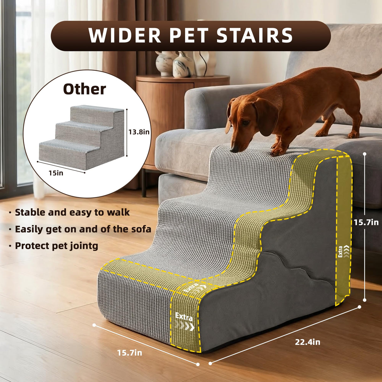Pet Dog Stairs for Small Dogs, 2 in 1 Transformable 3-Step Pet Stairs and Wave Anti-Fall Slope for Short Legs and Long Legs Dog, for Couch (12-19 in) with Durable Non-Slip Waterproof Cover(Grey)
