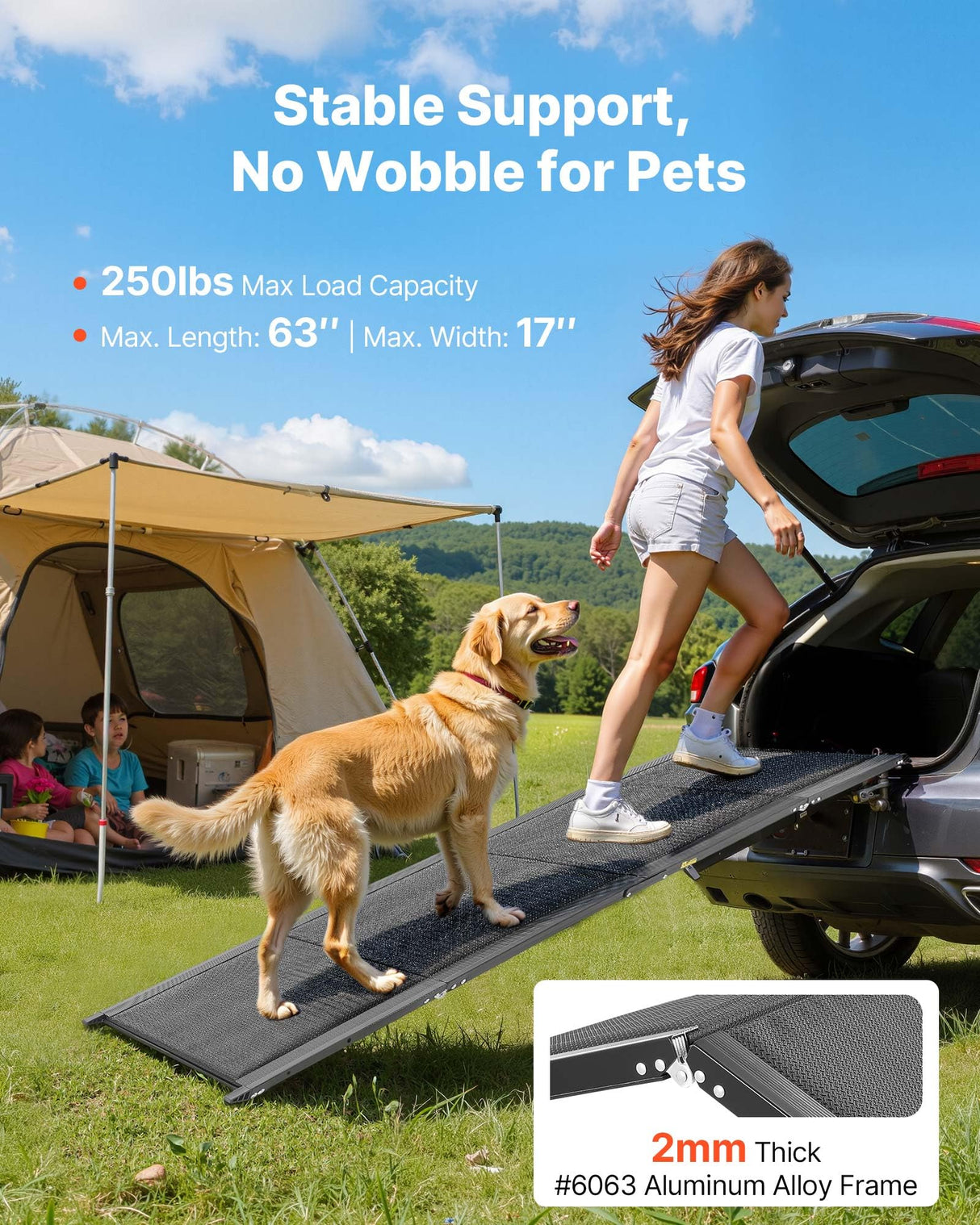 VEVOR Dog Ramp for Cars, 63" L x 17" W, Folding Pet Ramps for Medium & Large Dogs up to 250lbs, Pet Stair Ramp with Non-Slip Oxford Fabric Surface, Portable Outdoor Dog Car Ramps for SUV & Truck