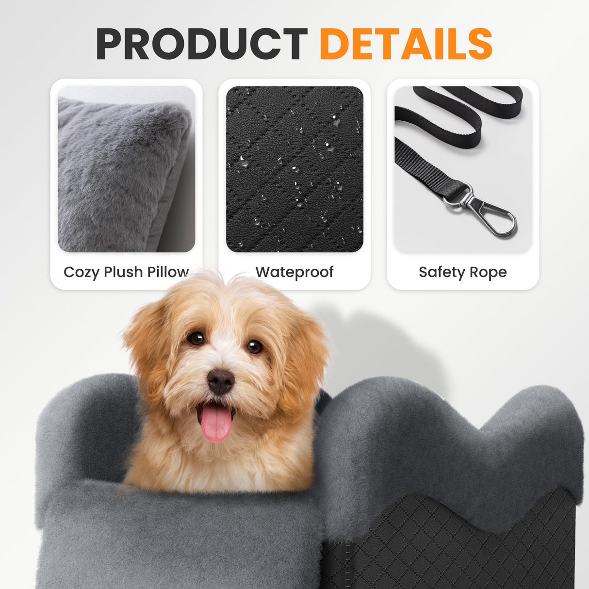 Mavora Max Portable Small Dog Seat for Car, Luxury Center Console Dog Car Seat Booster with Safety Tethers, Anti-Collapse Pet Travel Carseat for SUV, Truck (Black/Grey)