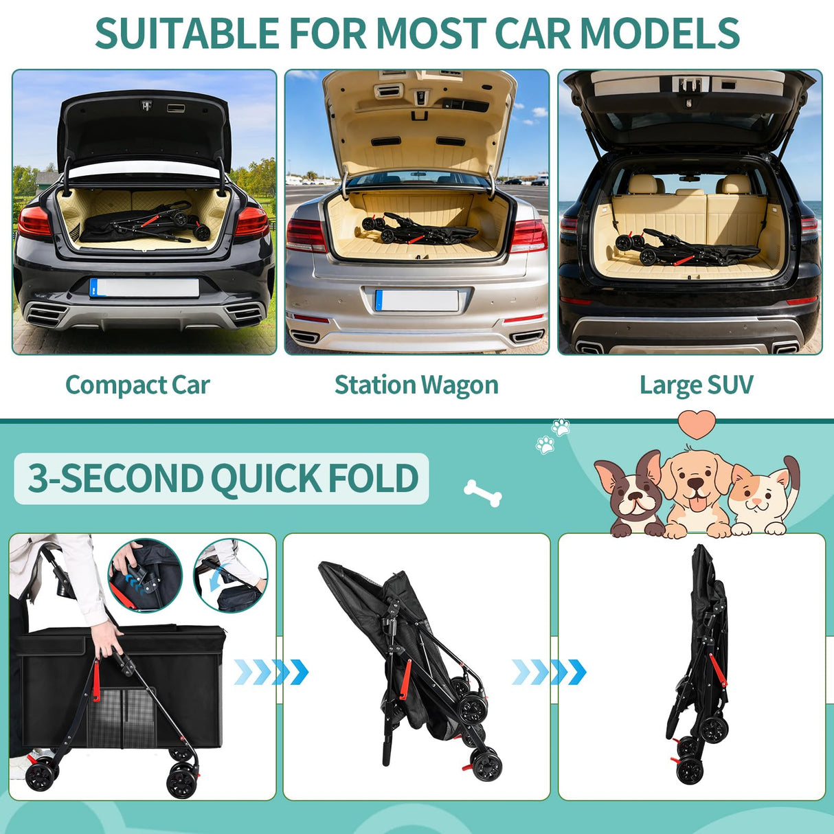 Medium Dog Stroller for Large Dogs, Pet Stroller for Medium Dogs Up to 100lbs, All-Terrain with Handle & Canopy, Storage Organizer, Waterproof Oxford Fiber Black