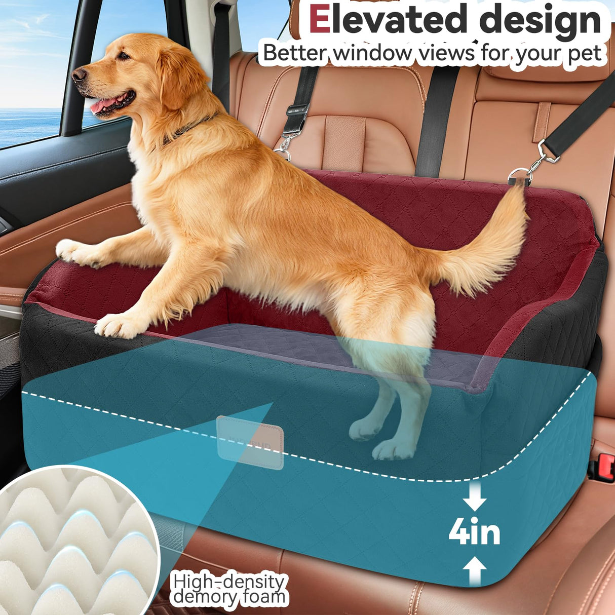 INDYBUD Dog Car Seat for Medium/Large Dogs, Memory Foam Pet Booster Seat for Under 55 lbs or 2 Small Dogs, Detachable Dog Car Bed for Backseat with 2 Safety Leashes and Pockets (Black/Red, Large)