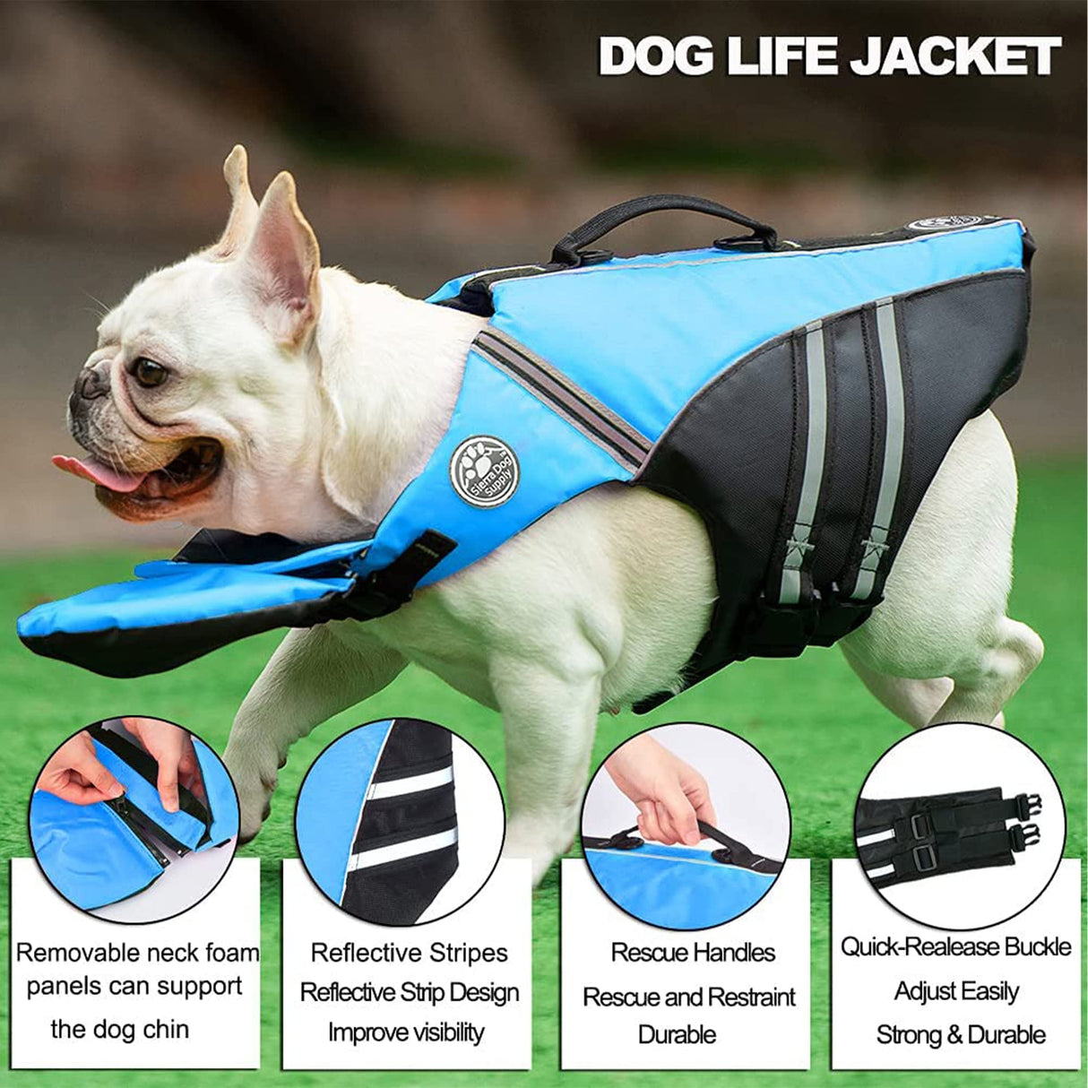 Petglad French Bulldog Life Jacket, Life Vest with Chin Float Rescue Handle for Corgi Pug, Adjustable High Visibility Flotation Swim Vest for Swimming Boating (Blue)