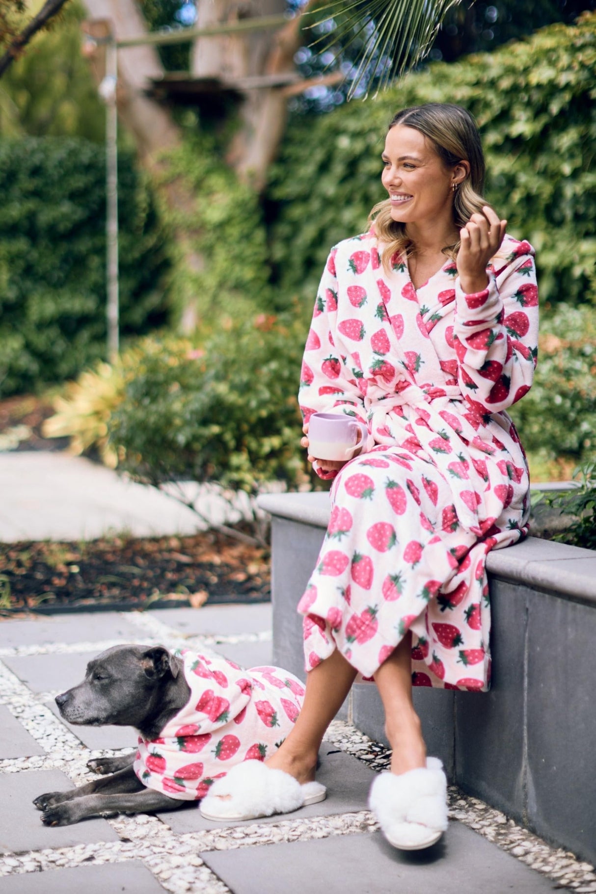 Darren & Phillip Calming Dog Robe for All Breeds - Ultra-Soft Strawberry Dog Robe with Adjustable Belly Strap - Perfectly Matches Womenβs Plush Robe - Medium