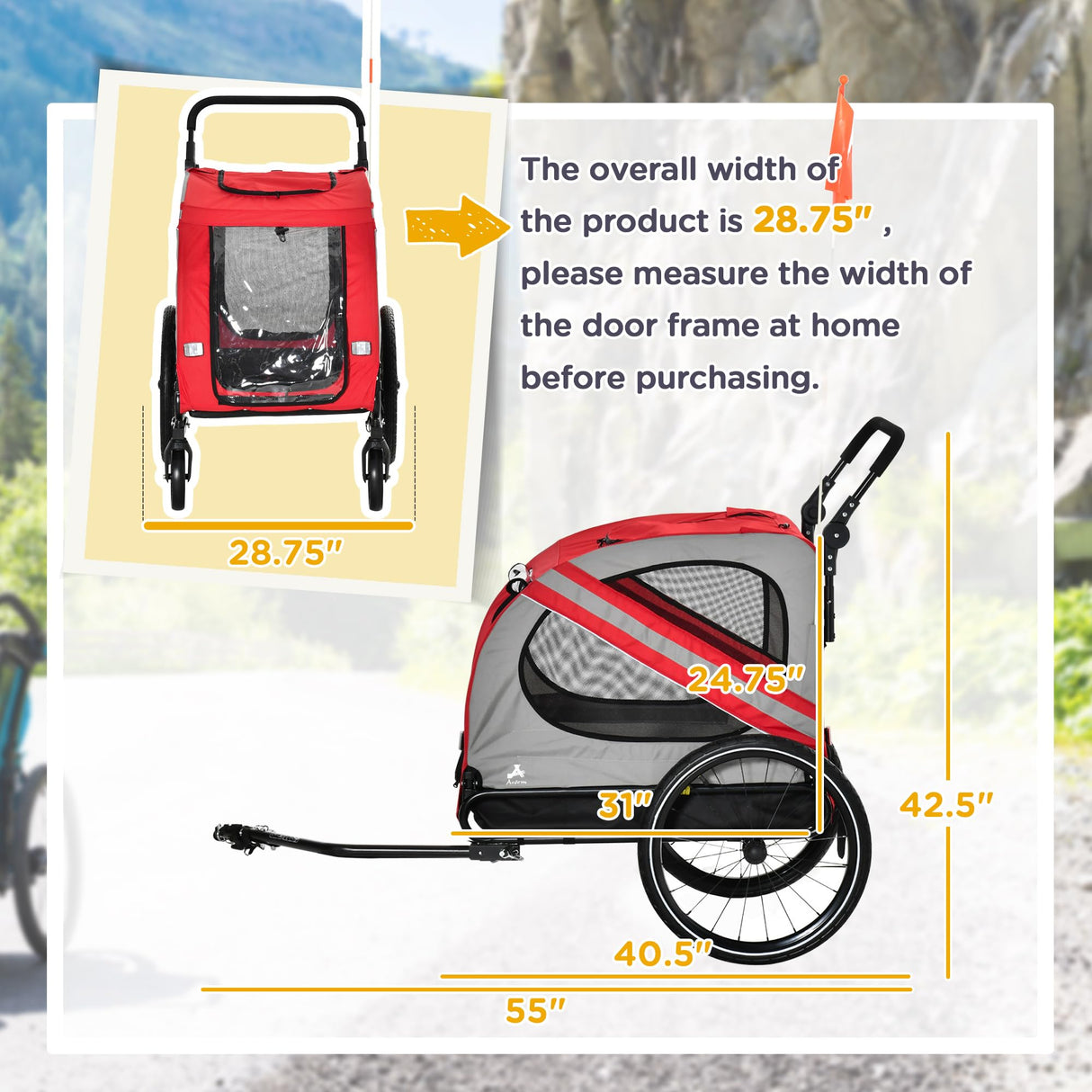 Aosom 2-in-1 Pet Bike Trailer for Small Medium Dogs, Road-Visibility Dog Stroller Bicycle Carrier, Weather-Strong Bike Wagon Trailer Sidecar Attachment, Red