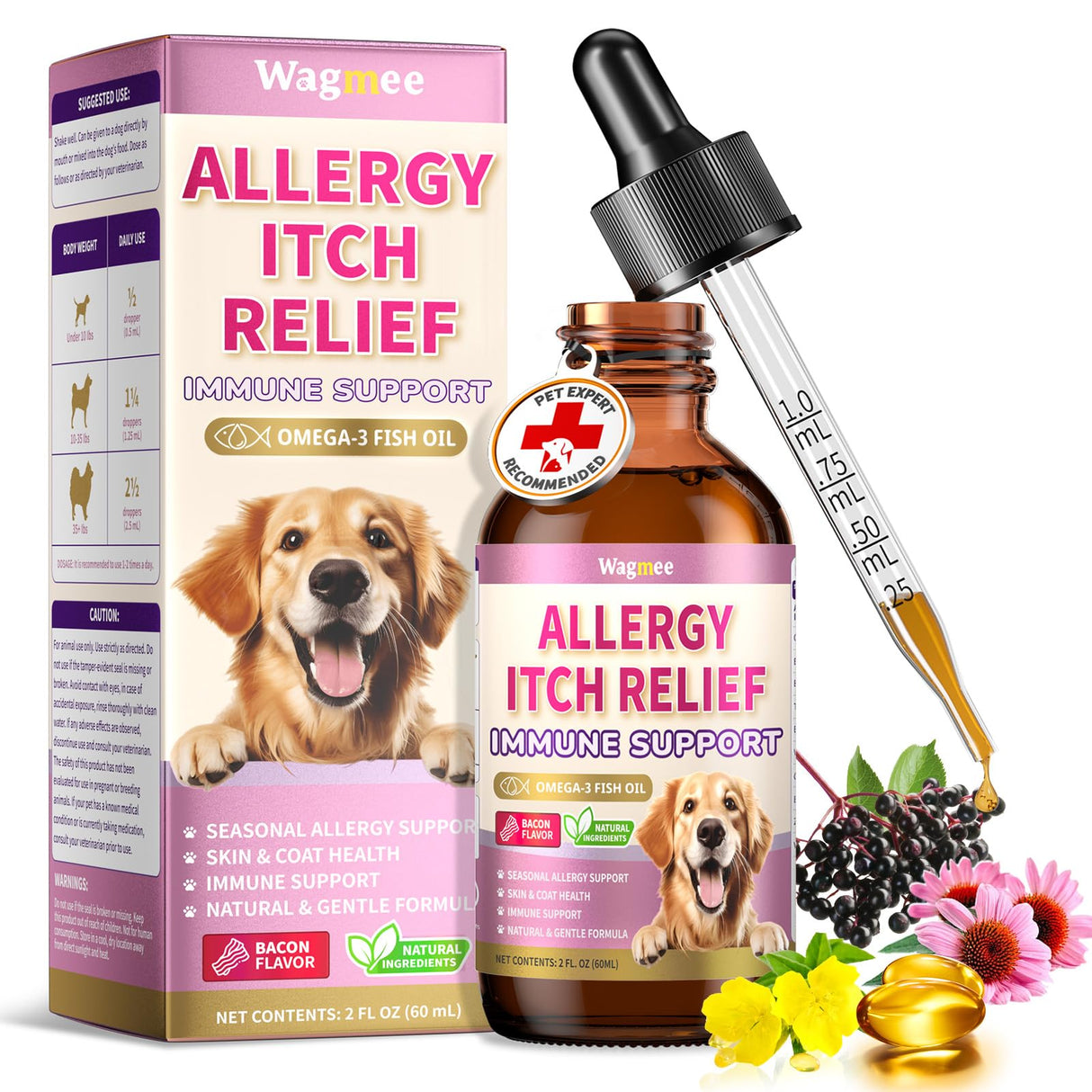 Wagmee Allergy Relief Drops for Dogs, Dog Itchy Skin Relief with Fish Oil, Omega-3, Turmeric & Natural Anti Itch for Dogs Ears & Paw Relief - Dog Seasonal Allergies, Skin & Coat Immune Supplement