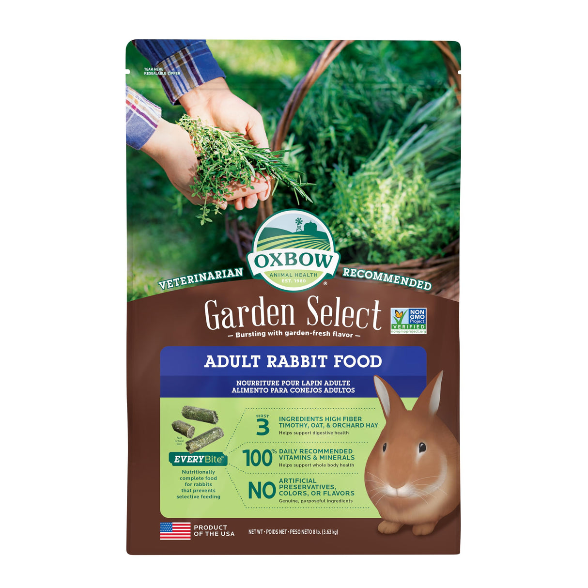 Oxbow Garden Select Rabbit Food, Adult, Made with Oxbow Timothy Hay for Rabbit, Bunny Food Pellets, Non-GMO, No Soy or Wheat, Small Animal Pet Products, Made in USA, High Fiber, 8 lb. Bag