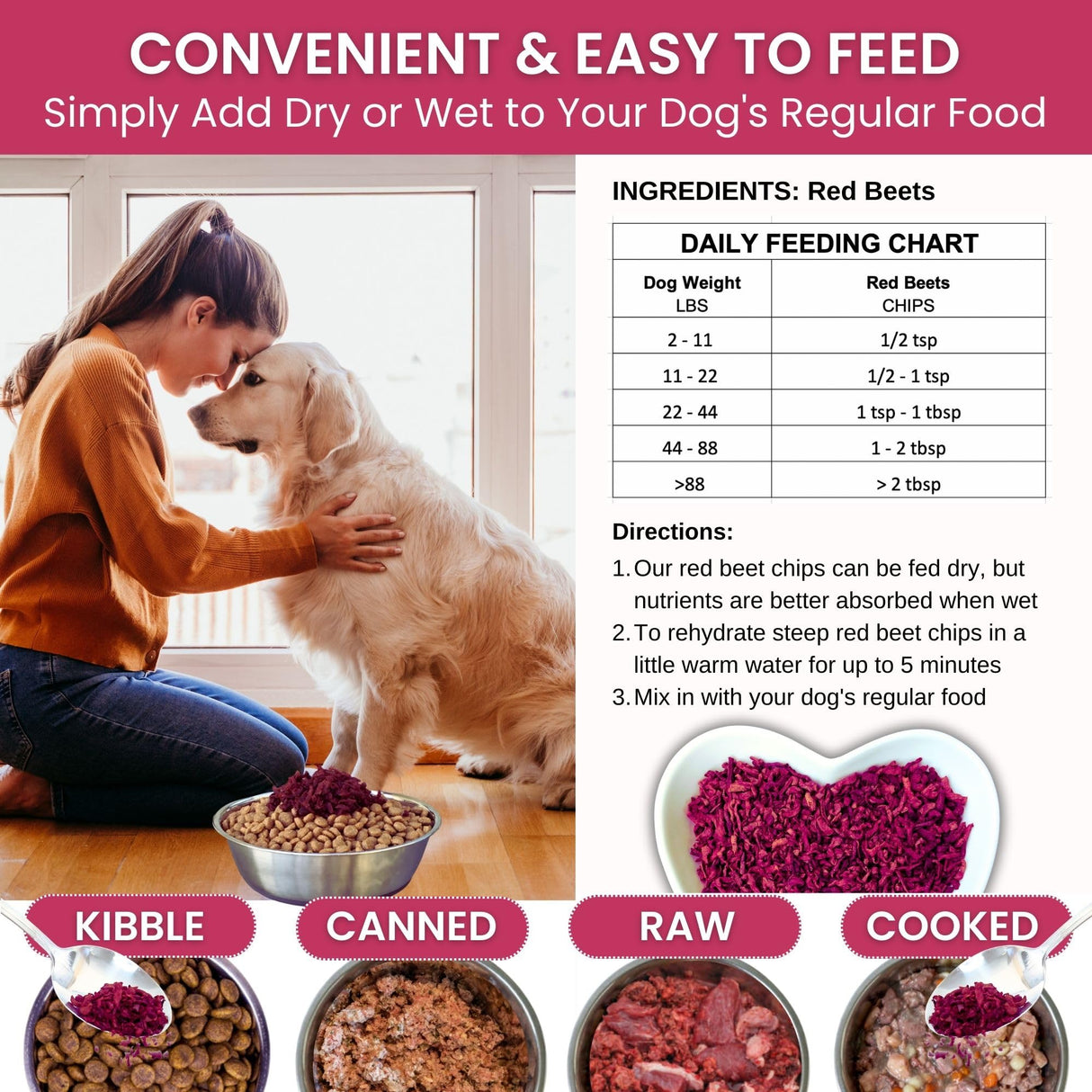Olewo Original Red Beets Dog Food Topper – Natural Anti Itch, Immune, Cleansing, Skin & Coat Support, Dehydrated Whole Food Multivitamin, Fiber for Dogs, 1 lb