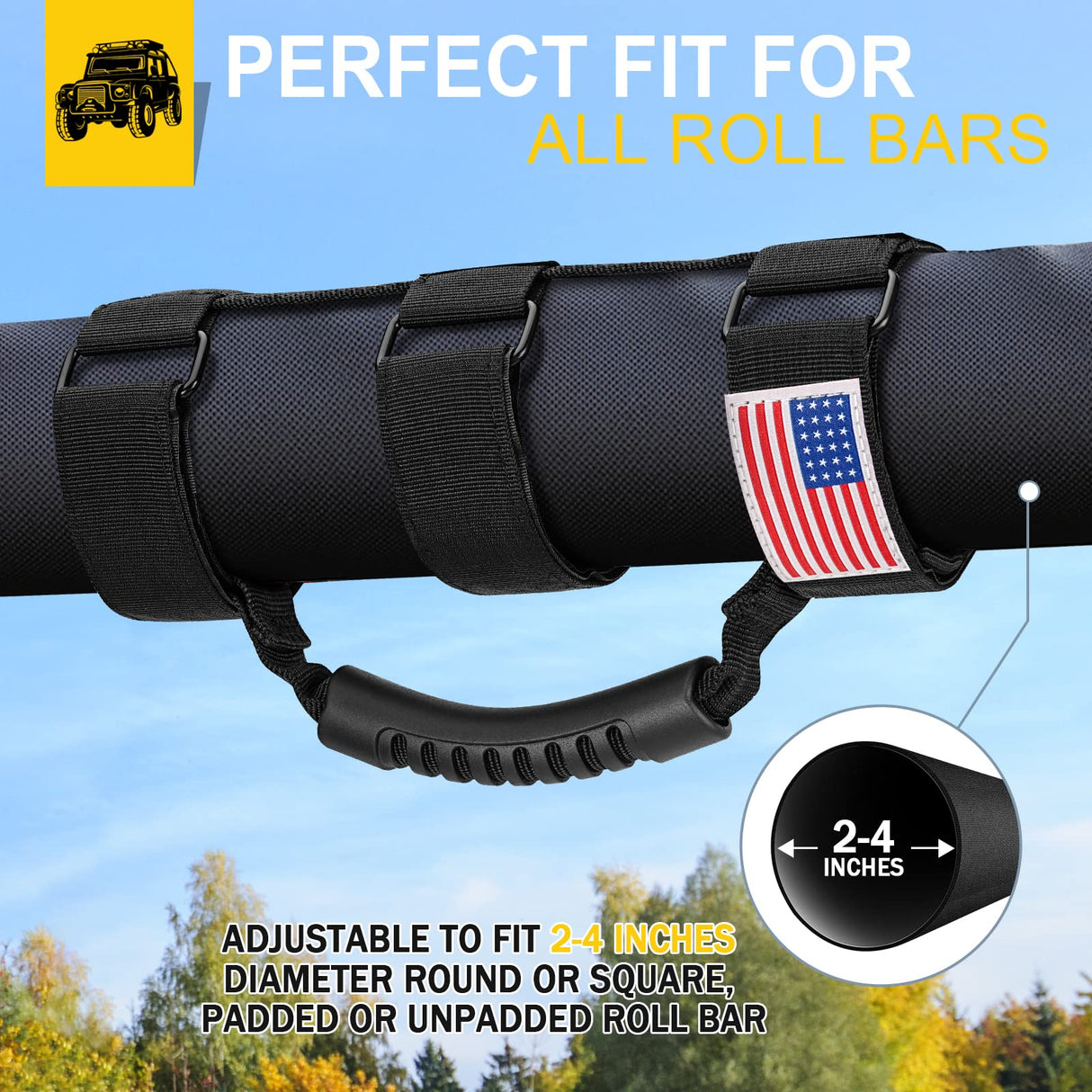 moveland Roll Bar Grab Handles with US Flag, 2 x Grip Handles for 1955-2023 Jeep Wrangler JL, JK, TJ, YJ & Jeep Gladiator Accessories - Upgrade Metal Buckle, Strong & Durable