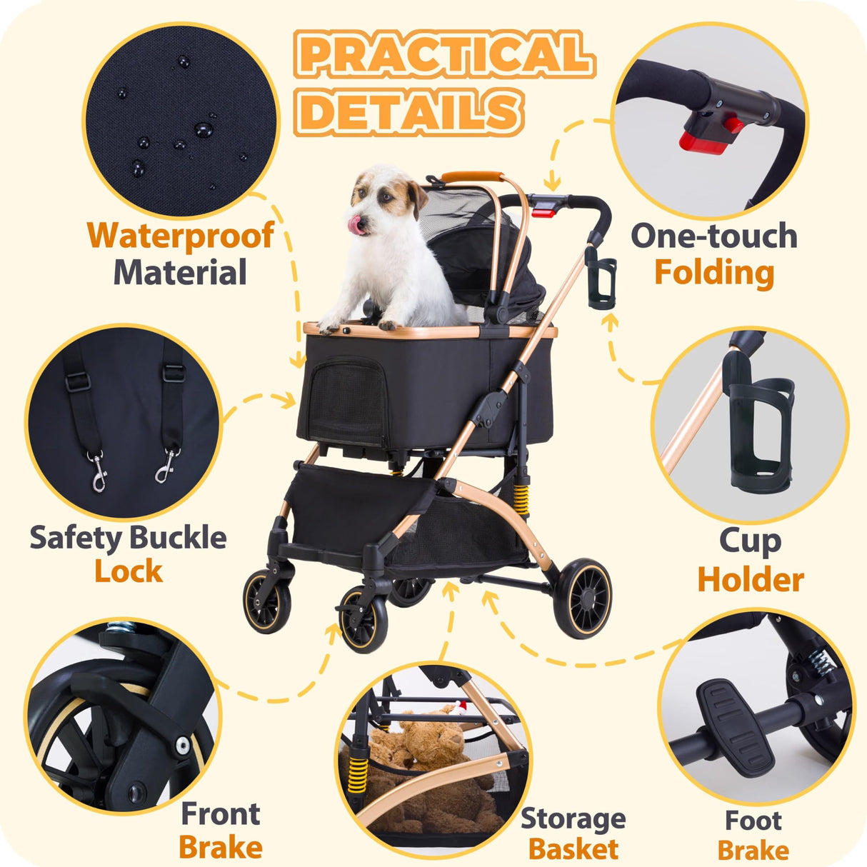 GdnWings Pet Stroller for Small Dogs, Lightweight Small Dog Stroller for Dogs Cats with 6 Shock Absorption System, Detachable Carrier Suitable for Car Seat & Hand Carry, Safe Outings, Black