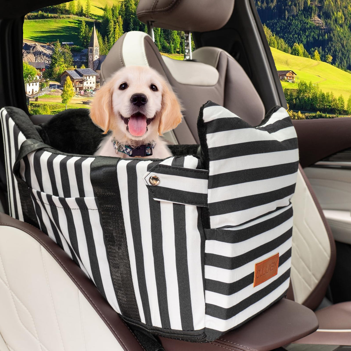 Cullaby Dog Car Seat for Small Dogs Under 15 lbs โ Center Console Pet Carrier with Safety Belt, Storage Pockets, Removable Washable Cover โ B&W Stripes, Secure & Comfortable for Small Puppies/Cats