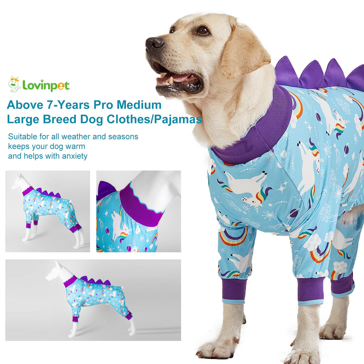 LovinPet Pet Clothes Large Dog, Anti Licking Dog Recovery Clothes, Lightweight Onesie, Starlight Rainbow/Wild Horse Prints American Bully Pajamas, UV Protection, Adorable pet PJ's/Large