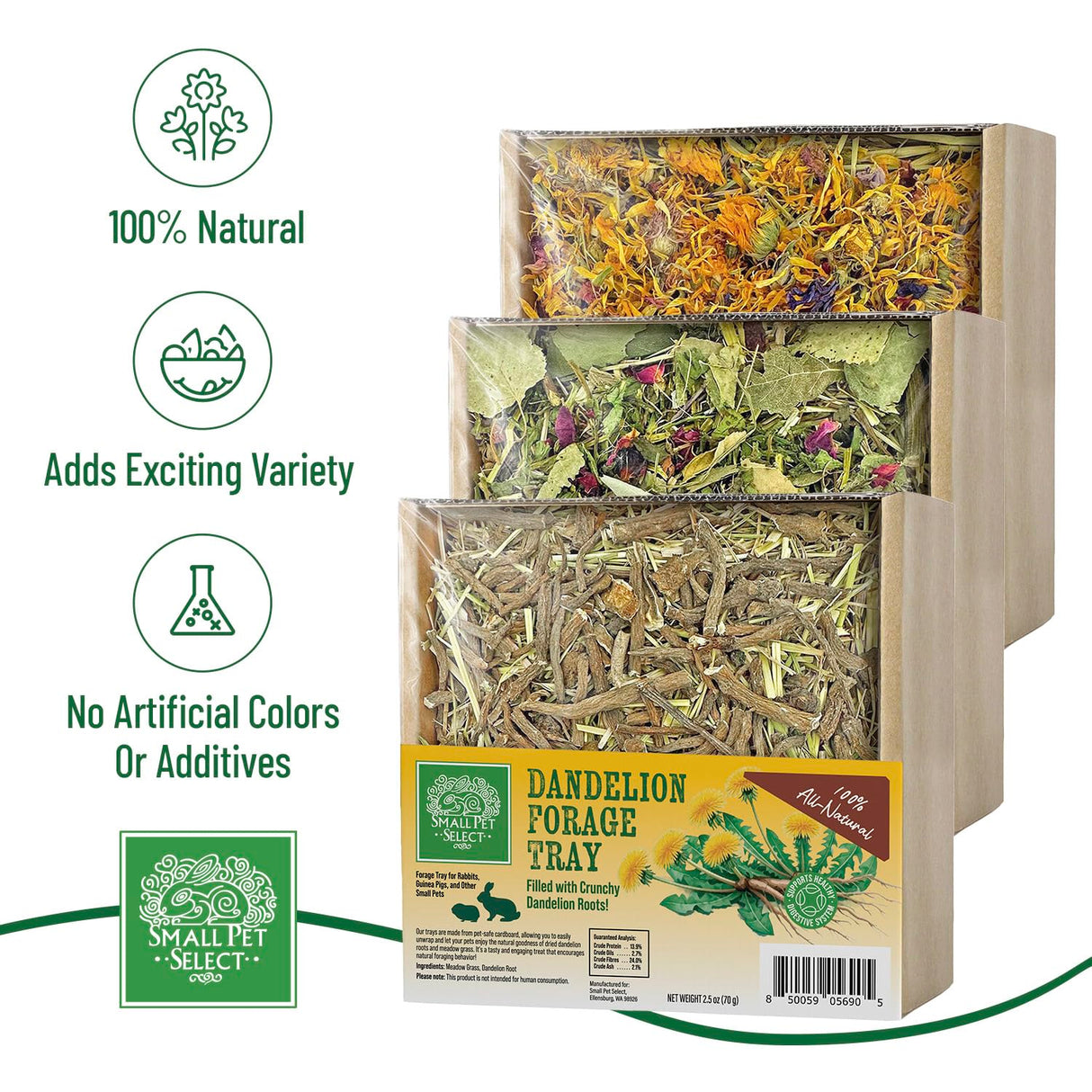 Small Pet Select Forage Tray Bundle, 3 Pack of Foraging Trays for Rabbit, Guinea Pig, Hamster or Bunny - Natural Treats, Dandelion, Flower, Herb Mix 2.5oz Each