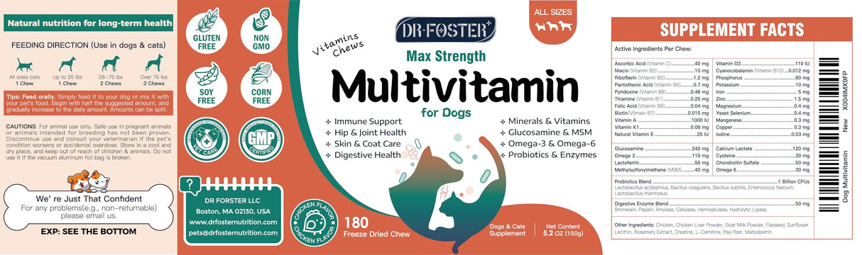 Dog Multivitamin, Dog Vitamins and Supplements, Multivitamin for Dogs with Glucosamine, Probiotics & Omega 3 for Joint, Digestive, Skin, Coat and Immune Health, Chicken Flavor - 180 Bites
