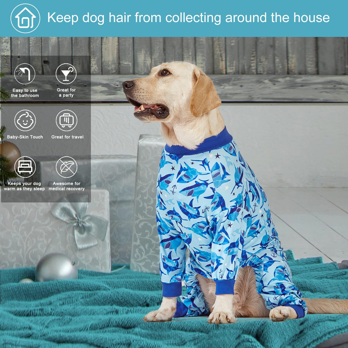 LovinPet Shirts for Pitbull Dogs, Pjs for Large Dogs, Lightweight Onesie, Sea Shark Action Print, Dog Clothing, UV Protection, Easy Wearing Adorable Dog Jumpsuit /3XL