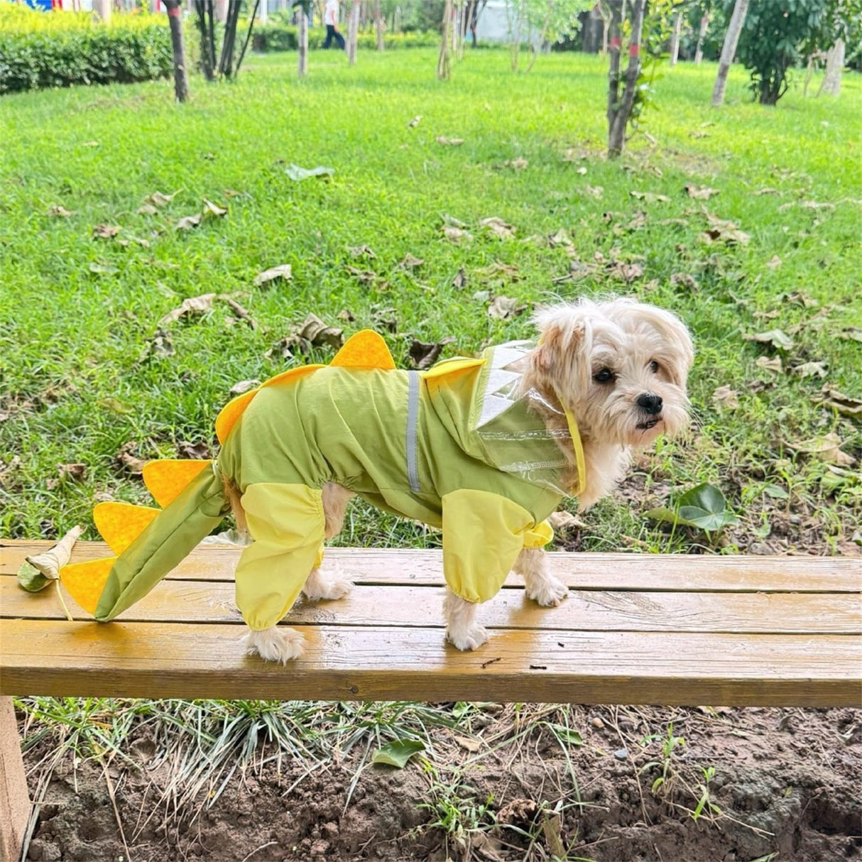 Waterproof Dog Raincoat, Dinosaur Design, Full Body Protection with Elastic Trousers, for Small Dogs (Green, Medium)