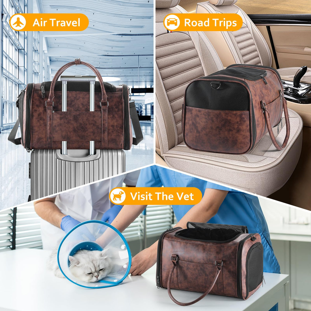 Johomviin Stylish Leather Pet Carrier for Small Dogs and Cats Up to 15 lbs, Airline Approved Lightweight Travel Tote with Breathable Mesh and Shoulder Strap Coffee