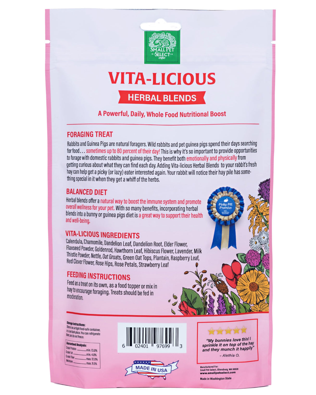 Small Pet Select - Vita-Licious Herbal Blend, a Natural Herbal Treat for Rabbits, Guinea Pigs, Hamsters, Gerbils, and Mice, 4.4oz