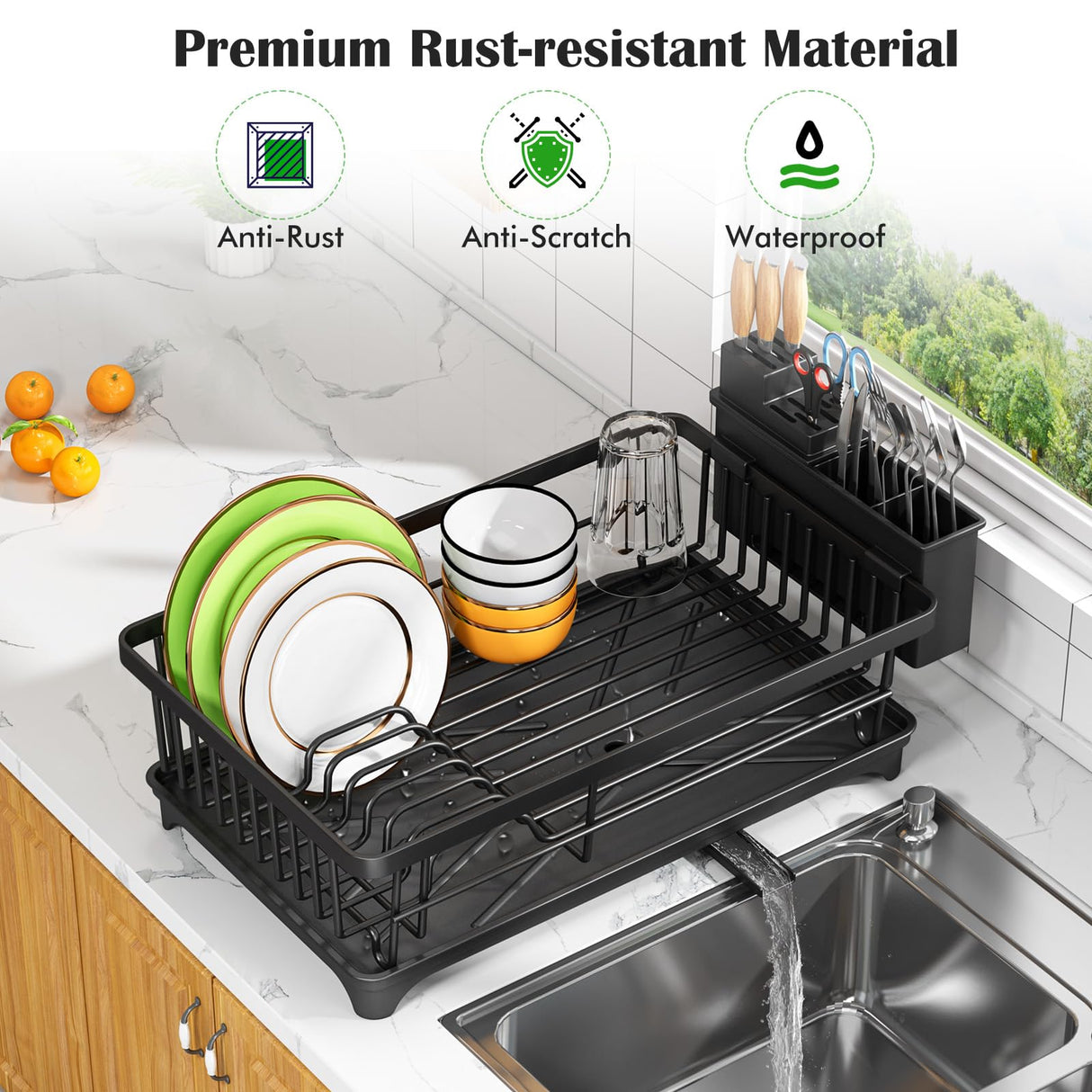 Dish Drying Rack - Space-Saving Small Dish Rack for Kitchen Counter, Rust-Resistant Kitchen Drying Rack, Compact Dish Drainer Organizer with Utensil Holder for Home Kitchen, Black