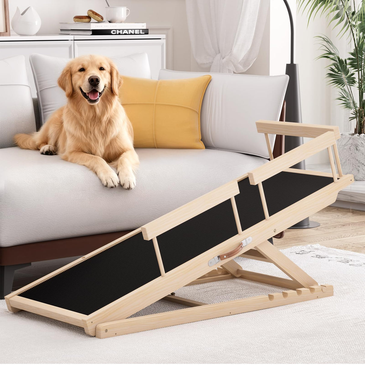 Chuiendi Dog Ramp for High Bed, Couch, Car, Pet Ramps 55.12" Long Adjustable 19.3"-27.17" Wooden Dog Step with Anti-slip Rubber Mat & Safety Side Rails for Small Medium Large Older Pets, up to 250 lbs