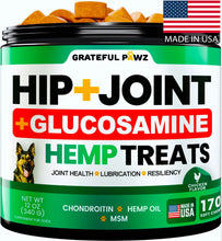 Load image into Gallery viewer, Hemp Hip and Joint Supplement for Dogs - Glucosamine for Dogs - 170 Joint Pain Relief Treats - Chondroitin, MSM, Hemp Oil - Advanced Health Supplement - Mobility Support Chews - Made in USA