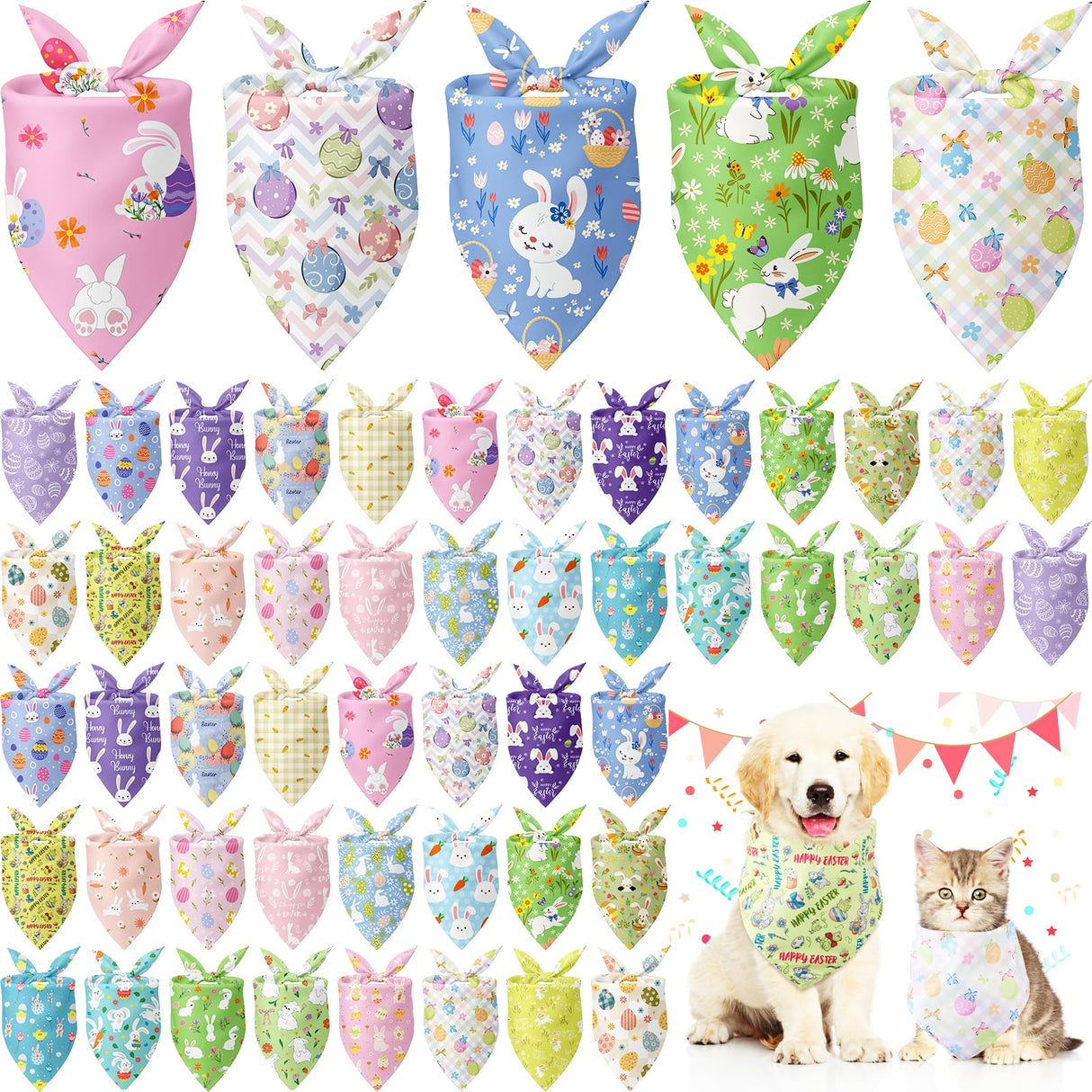 Kacctyen 50 Pcs Spring Easter Dog Bandanas Bulk Bandanas for Dogs Grooming with Bunny Pattern Adjustable Pet Triangle Scarf Bib Washable for Small Medium Large Puppy Cats Pets Costume Accessories