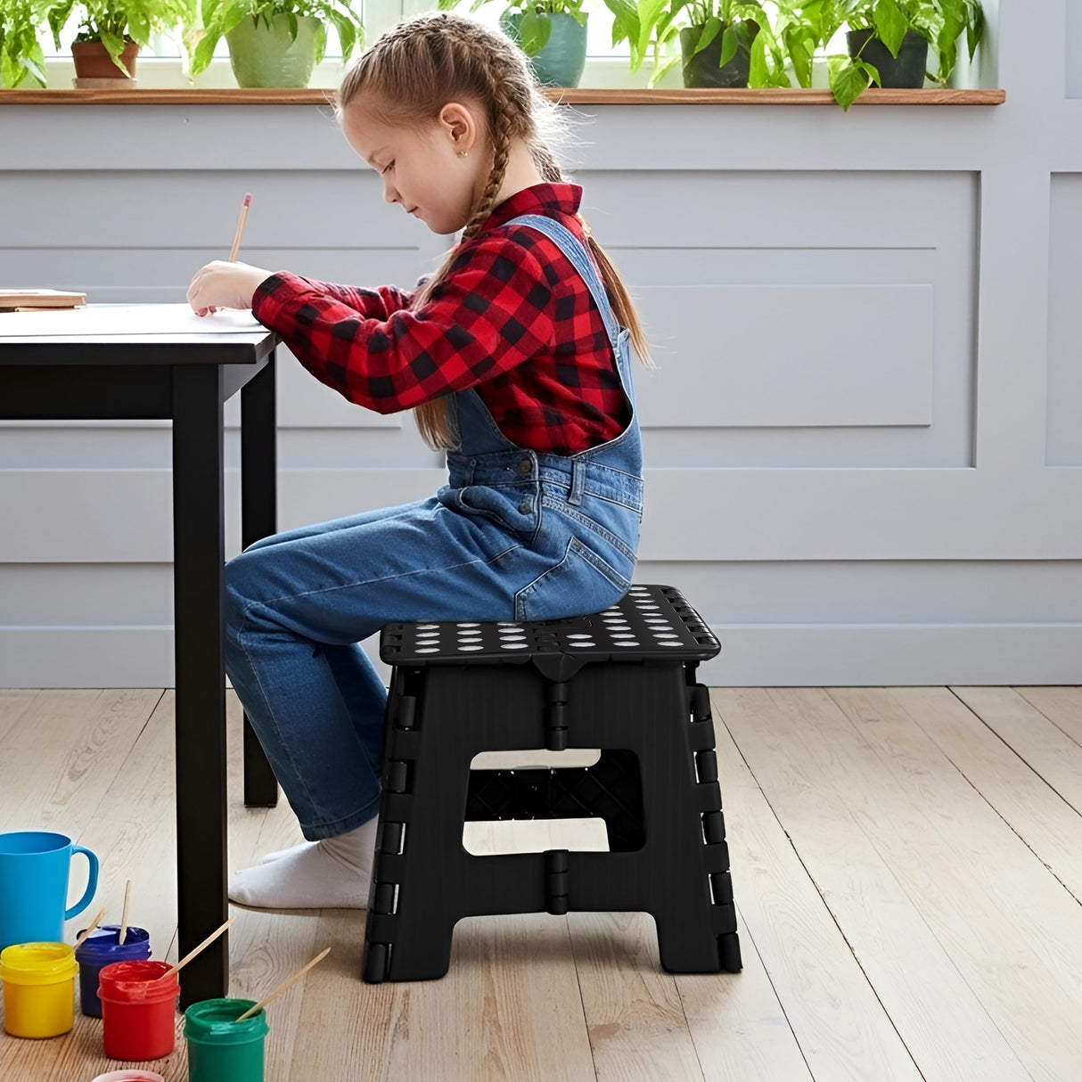 Folding Step Stool with Handle – 9 Inch Anti Slip Collapsible Stool – Holds Up to 300 lbs – Sturdy Plastic Step Stool Foldable for Kitchen, Bathroom and Home Use (1-Pack, Black)