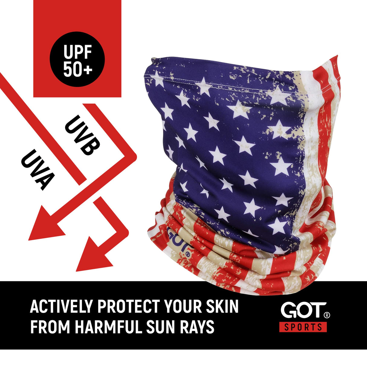 GOT Sports UPF 50+ Fishing Neck Gaiter - UV Face Mask Sun Protection for Men & Women - Camo SPF Face Cover Gator - Fishing, Hunting, Hiking (Old Glory American Flag)
